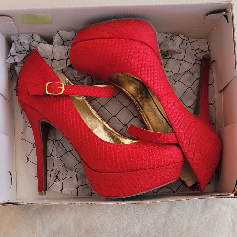 Material Girl MKOKO Red Snakeskin Heels